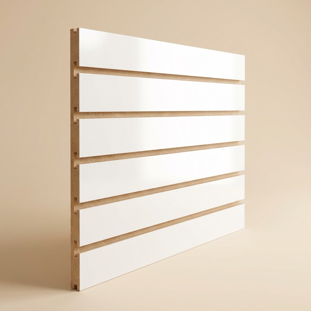 Exhibipanel ranurado 15 mm — Panel ranurado de 15 mm con chapa blanca (tipo melamina). Para exhibidores de tienda: cuelga ganchos, repisas y accesorios en las ranuras.